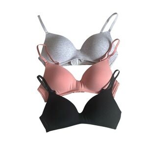 real cotton Women's Size 34C Wireless Bra *Lot of 3* Black Gray Pink 95% Cotton